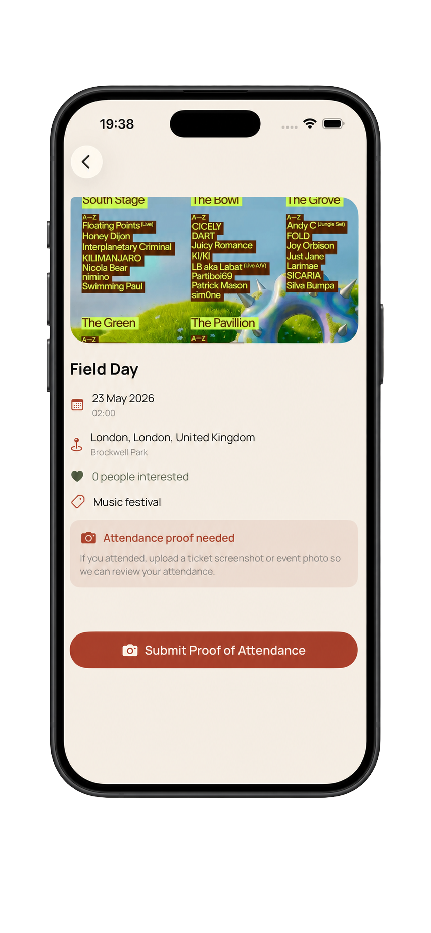 Rome past event screen showing attendance proof is needed.