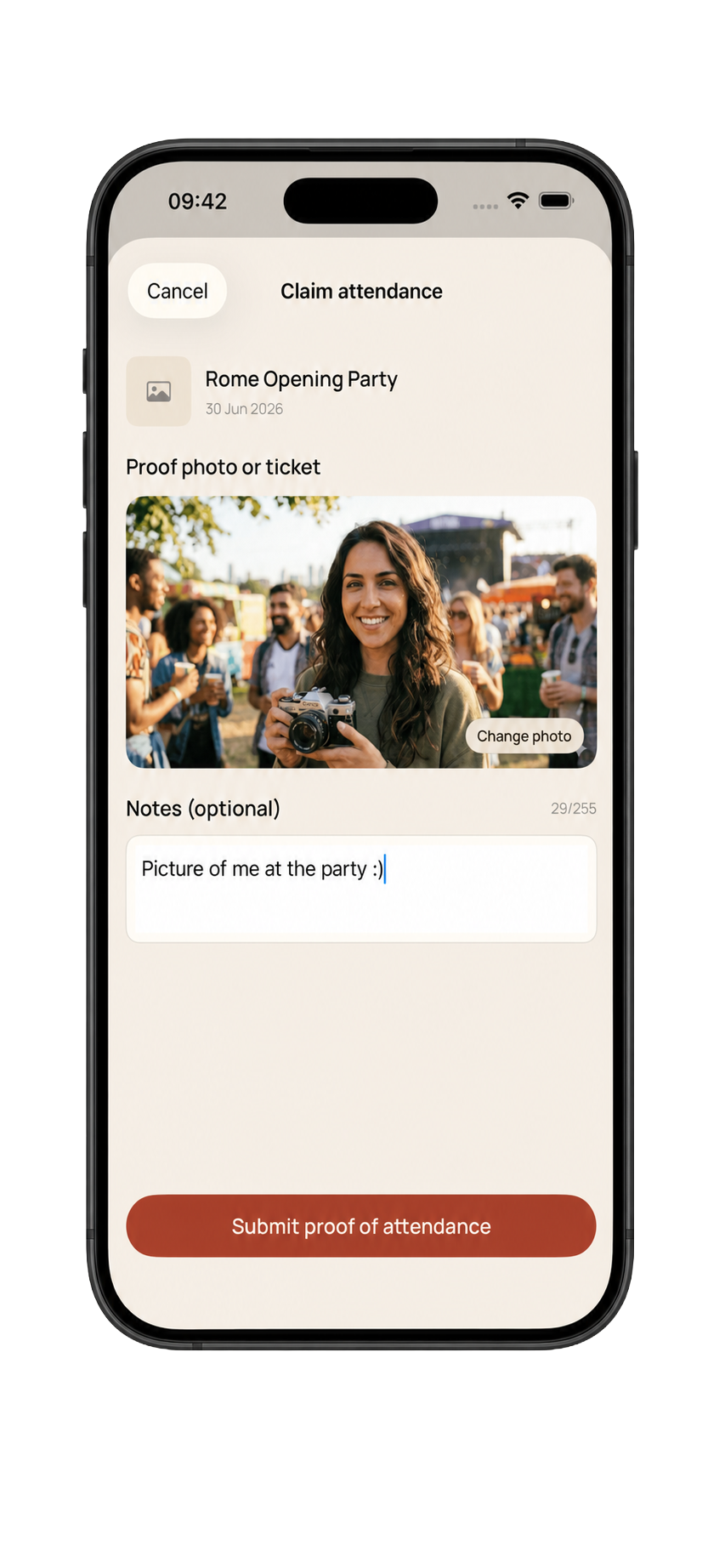 Rome attendance claim screen with an uploaded event photo.