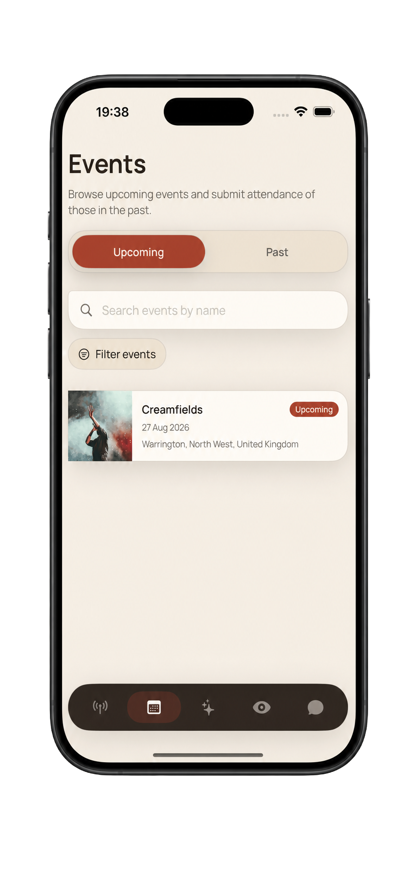 Rome events screen showing upcoming events and search filters.